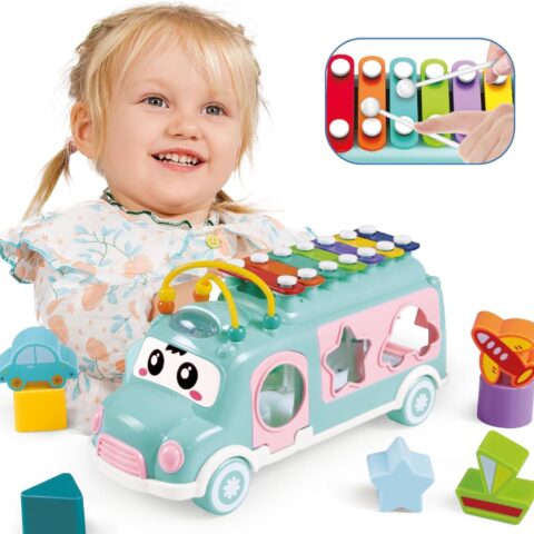 Cable World Baby School Bus Xylophone Toy for Toddlers 1-3, Baby Musical Bus Toys for 1 Year Old Girl, Shape Sorting Toys Knocking Xylophone Educational Musical Instruments Toy...