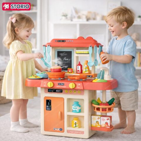 Storio Toys Kitchen Set for Kids Girls Big Cooking Set Light and Sound Pretend Play Toy Battery Operated with Accessories, acrylonitrile butadiene styrene, Pink