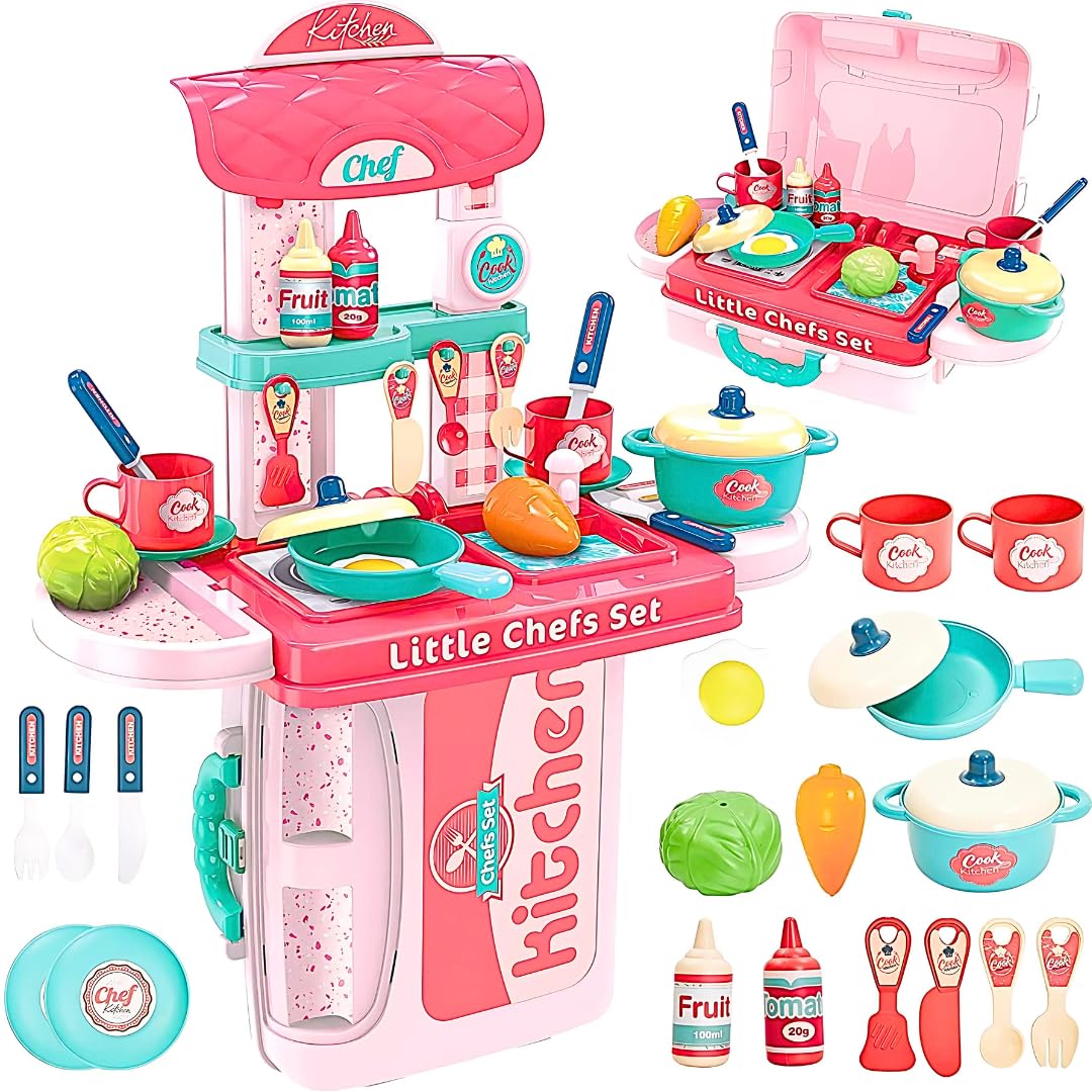 Gigtech kithen Set Light and Sound Pretend Play Toy Battery Operated with Accessories 10 Storio Toys Kitchen Set for Kids Girls Big Cooking Set Light and Sound Pretend Play Toy Battery Operated with Accessories, acrylonitrile butadiene styrene, Pink