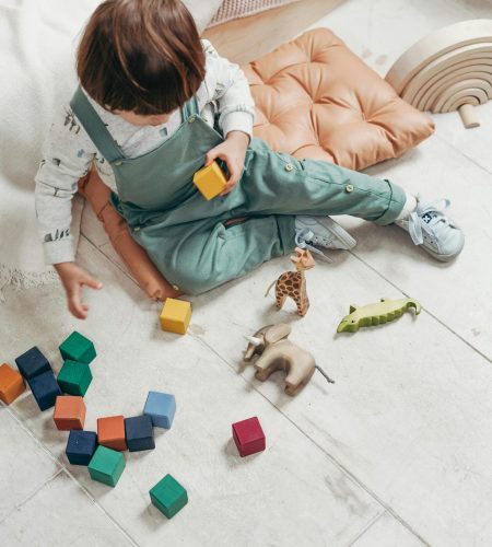 A young child engaged in play with colorful wooden blocks and animal figures indoors.